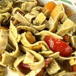 Edamame pesto pasta salad with roasted vegetables and tomatoes